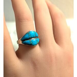 VTG Hallmark Stamped 'Feather Sterling' Turquoise Opal Inlay Ring Sz 6.5-6.75